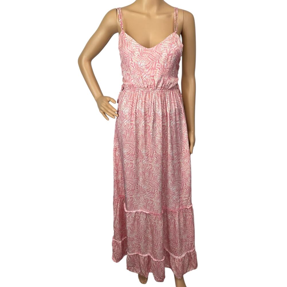 Maaji Nicole Palm Print Lace-Up Maxi Dress Pink Tassel Tiered Size S - Picture 3 of 12